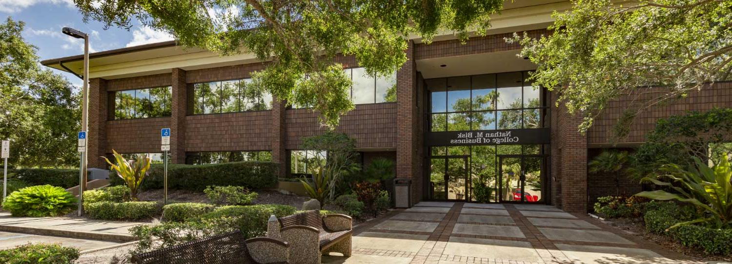 Outside view of Nathan M Bisk College of Business building