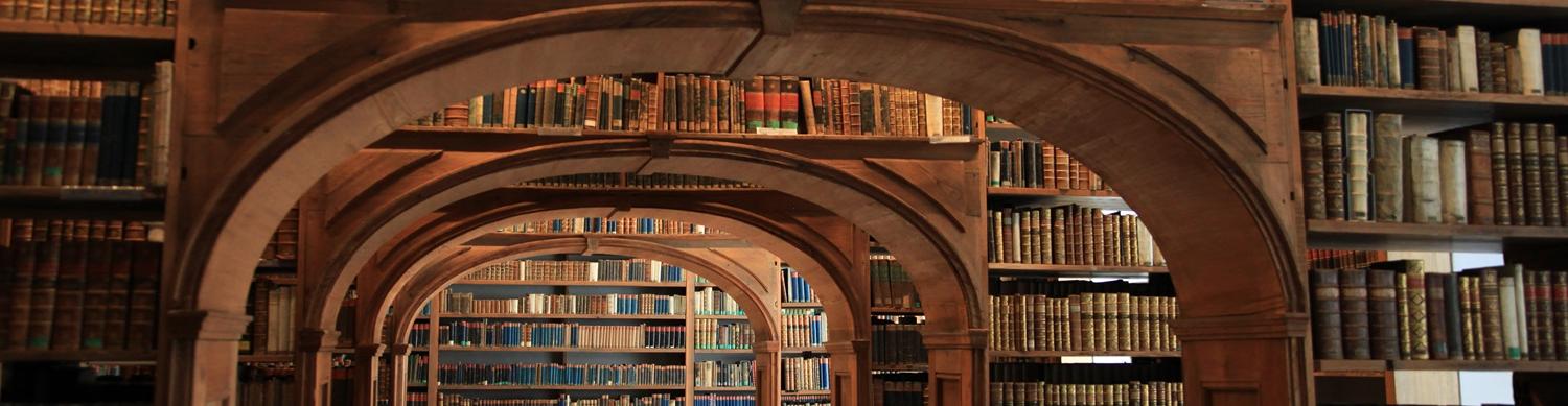 Shelves of books in historic library